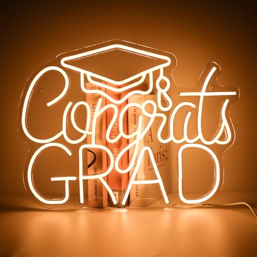 Congrats Grad LED Neon Sign, Graduation Party Decor, 16.5×12.6 Inch Warm White Grad Light Up Letters, Adjustable Congrats ...