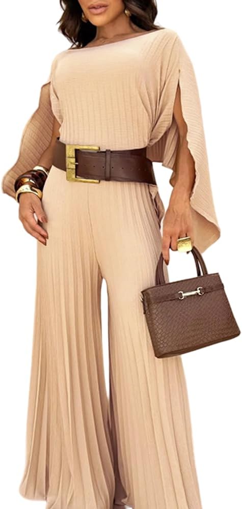 CHICME Women's 3 Piece Pleated Outfits One Shoulder Tops with High Waisted Wide Leg Pants Casual Vacation Outfit
