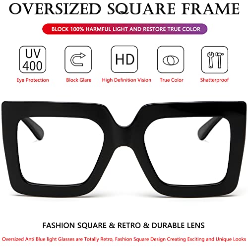 AIEYEZO Oversized Square Blue Light Glasses for Women Cute Big Frame Glasses Fashion Clear Multi-Color Computer Eyewear