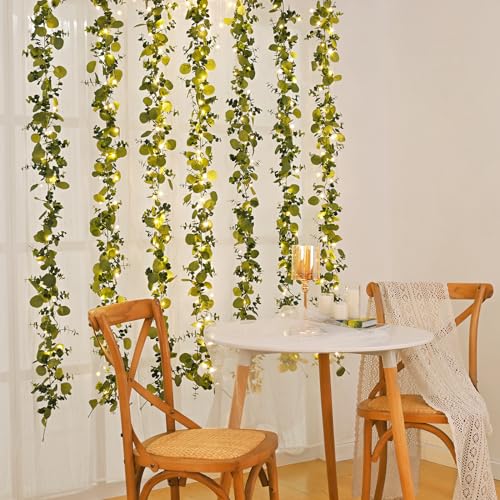 Dolicer 6 Packs 6FT Artificial Eucalyptus Garland with LED Light String, Faux Greenery Garland Hanging Fake Silver Dollar ...