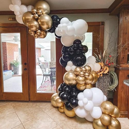 Black and Gold Balloon Arch Kit, ADOINBY 140Pcs Black White Metallic Gold Confetti Latex Balloons 18 12 10 5 Inch Differen...