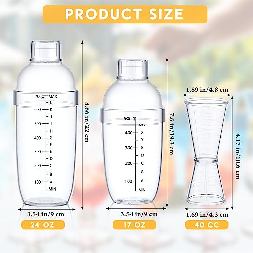 Uiifan 6 Pcs Plastic Cocktail Shaker Set 4 Pcs 17 oz 24 oz Hand Drink Mixer and 2 Ounce Cup with Measurements Mixing Tool ...