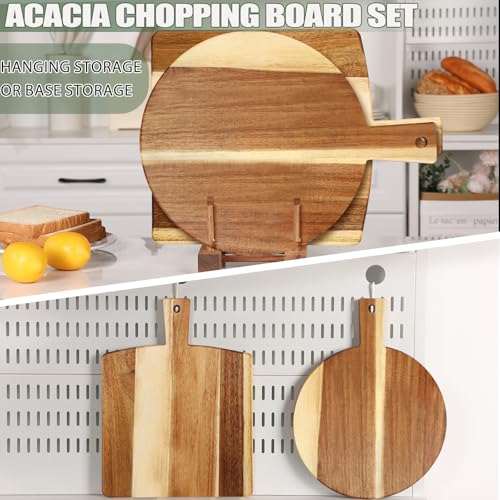 2 Pack Acacia Wood Cutting Board with Stand, Charcuterie Boards for Kitchen, Round & Rectangular Wooden Cutting Board Set ...
