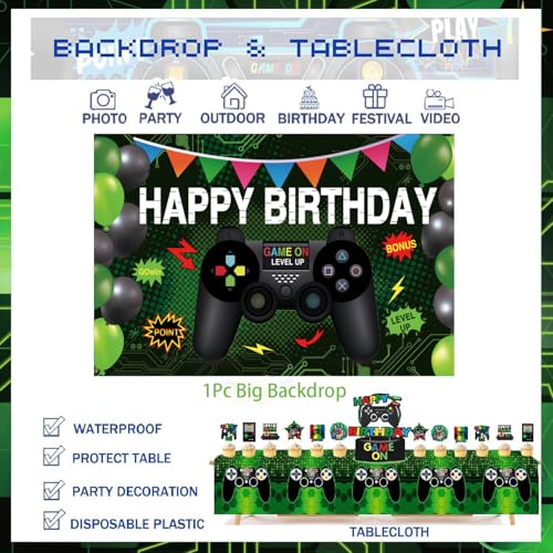 64 Pieces Video Game On Theme Party Supplies Sett: Decorations with Happy Birthday Gaming Backdrop, Game Table Covers, Cak...
