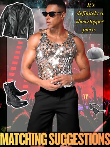 ChiaoLezhee Men's Big Sequin & Rhinestone Mesh Shirt for Rave, Sparkly Reflective Metallic Sexy Tank Top (Fits Chest 30-46")