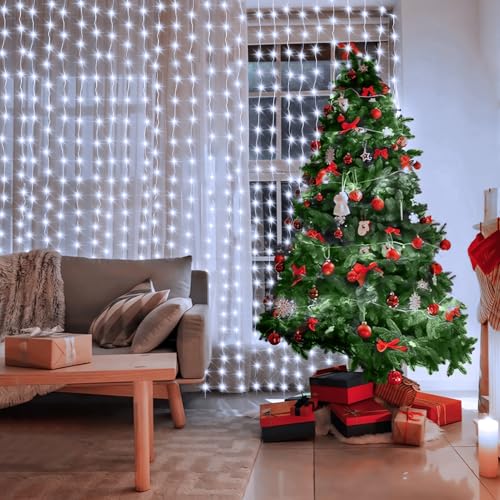 echosari Curtain Fairy Lights 300 LED Hanging Lights USB Powered Copper Curtain String Lights 9.8Ft x 9.8Ft for Wall Chris...