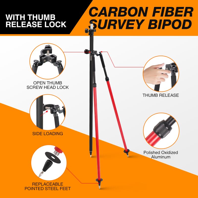 DMITER Surveying Bipod Aluminum Stand with Telescopic Struts, Carbon Fiber GPS Pole 6.56FT/2M x 2 Section Pole with 5/8” A...