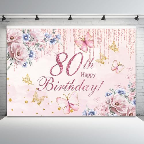 ASDCXZ 5x3ft Happy 80th Birthday Backdrop for Women Flowers Photography Background Pink Floral Golden Butterfly Grandma 80...
