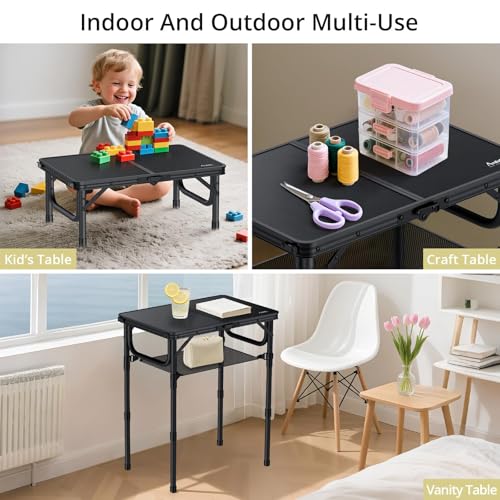 Anbte Folding Camping Table with Storage Net, Pure Black Aluminum 2ft Picnic Table 23.2" x 16" Outdoor Table Adjustable He...