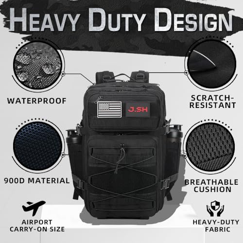 J.SH 45L Military Tactical Backpack Gym Bag Black Assault Bag Hiking Backpack for Men and Women with Bottle Holder - 45L B...