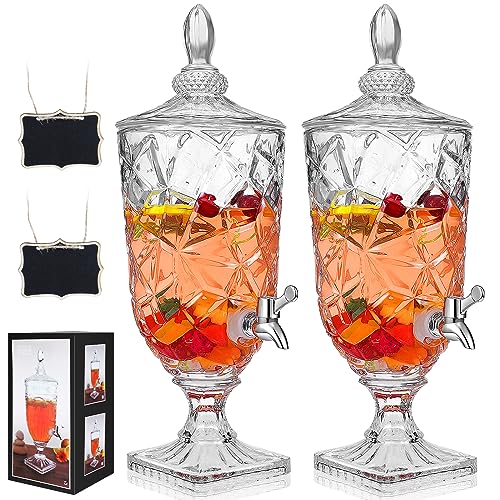 Zhehao 2 Pcs Drink Dispensers for Parties 0.8 Gallon Glass Beverage Dispenser Clear Vintage Crystal Beverage Dispenser wit...
