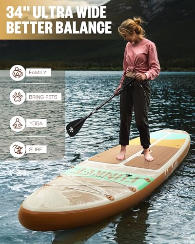 FUNKEE 11’×34"×6" Extra Wide Inflatable Stand Up Paddle Board, Sup Board with Removable Fins, Backpack, Floating Paddle, S...