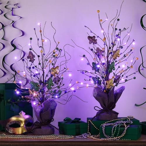 Anglechic 2 Pieces Lighted Mardi Gras Artificial Berry Blossom Table Tree 21 H Shinny Table Centerpiece Tree for Mardi Gra...