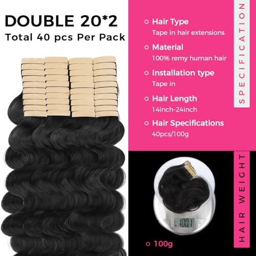 Lashey Tape in Extensions Human Hair Body Wave 18 Inch 100g 40pcs Natural Black Remy Human Hair Invisible Tape in Hair Extensions