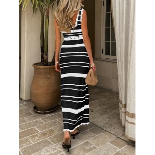Saodimallsu Womens 2 Piece Sets Summer Striped Crochet Knit Coverup Sleeveless Button Crop Tank Top Bodycon Maxi Skirt