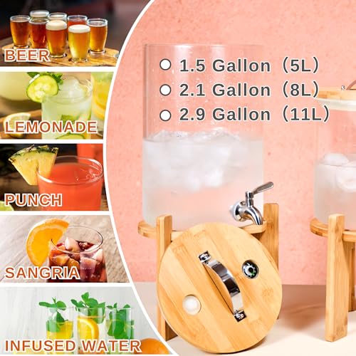 Glass Beverage Dispenser with Bamboo Stand 6.7 In and Lid, Iced 1.5 Gallon Drink Server with Spigot, Large Thick Glass Dri...