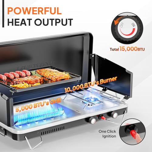 ROVSUN 2-in-1 Portable Camping Stove & Propane Grill with Enamel Griddle & Piezo Igniter, Tabletop Camp Stove with Built-i...