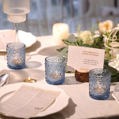 Blue Votive Candle Holder Set of 12, Flower Tea Lights Candles Holders for Wedding Table Centerpieces, Birthday Parties, H...