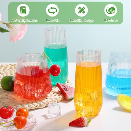 mwellewm 48 Pcs Plastic Wine Glasses Disposable Ribbed Cocktail Cups Set 9 OZ Stemless Champagne Flutes 12 OZ Origami Shat...