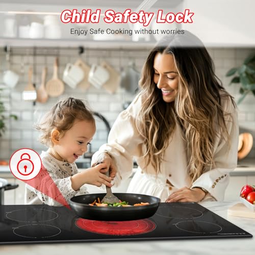 AMZCHEF Electric Cooktop 36 Inch,5 Burners Built-in Electric Stove Top,Max 9000W Ceramic Glass Countertop with Touch Contr...