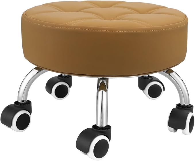 Kaleurrier Low Height Rolling Stool - Heavy Duty Short Stool Chair with Wheels Low to Ground - Small Roller Seat Stools for Home Office Kitchen Repair Shop Mechanic Pedicure Garage Library Camel