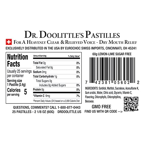 Dr. Doolittle¡¯s Sugar Free Soft Fruit Pastilles for Voice and Throat, Lemon Lime Flavor, 2.12 Ounce Tin, Approximately 25 Count Package, 8 Pack