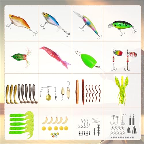 FONMANG 322-Piece Fishing Lures Kit - Buzz Bait/Spinner Baits/Jig/Frog, Fishing Tackle Box with Tackle Included, Soft Bai...