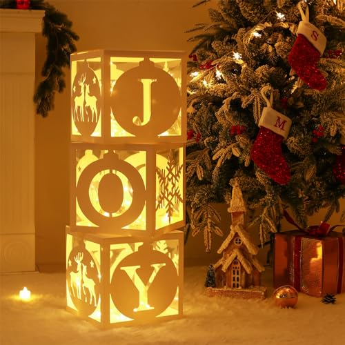 Light Up Christmas Decorations Indoor - 3pcs White Hollow-Out Paper Joy Boxes with Warm Light String, Holiday Fireplace Ch...