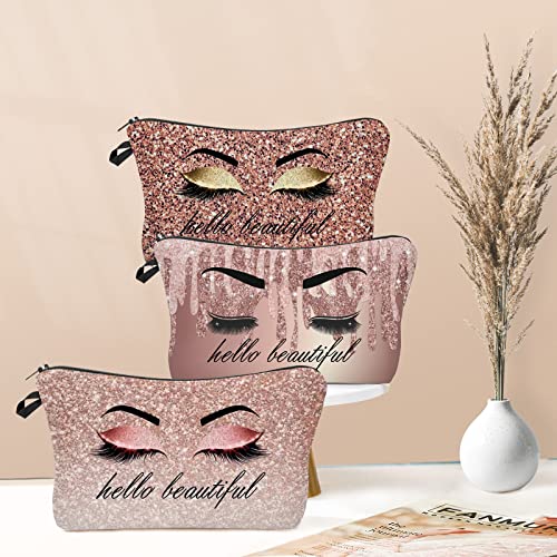 Hello Beautiful Makeup Bag for Purse Eyelash Pink Cosmetic Bags for Women Inspirational Gift Small Funny Cosmetics Glitter...