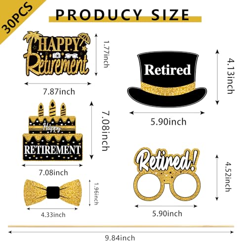 Kuxriox 30Pcs Happy Retirement Party Decorations for Men Women, Black Gold Retirement Photo Booth Props, Cheers to Retirem...