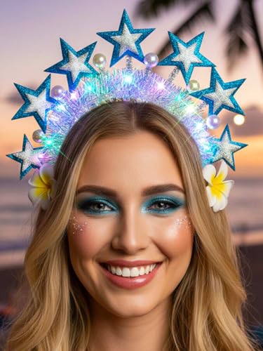 Lorealri Light Up Star Crown Headband, Blue and Silver Glitter Stars, LED Rave Party Costume Headwear Accessory for Women