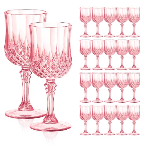 Deritec Plastic Goblets Plastic Wine Glasses 24 PCS, 7oz Pink Goblets Glassware Disposable Cups for Wedding Reception, Gra...