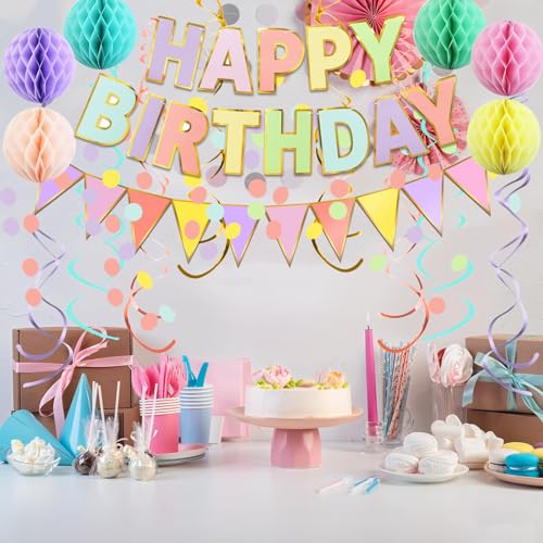 Fecedy Macaron Superlarge Alphabet Happy Birthday Banner Colorful Flag Bunting Circle Confetti Garland Swirl Streamers Hon...
