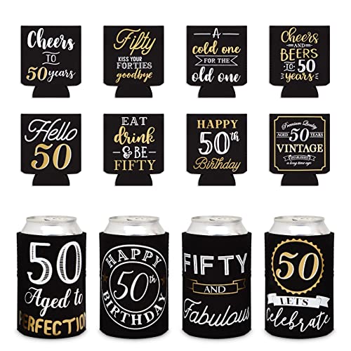 Sparkle and Bash 50th Birthday Can Cooler Sleeves - Medium, Black & Gold, 12-Pack - Insulated Neoprene Holder for 12 Oz Ca...