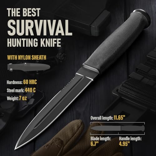 Tactical Survival Knife with Sheath – 6.5" Fixed Full Tang Blade, Serrated Edge – Hunting Knife with Non-Slip Rubber Handl...