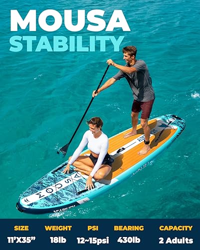 MOUSA 11'×35" Inflatable SUP Board Bundle – 2 Colors (Blue & Pink), Stable Paddleboard for 2 People, Full EVA Deck, 100L B...