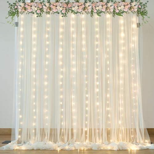 Ivory Sheer Backdrop Curtains with Lights String for Parites Wedding 10×8ft Tulle Backdrop Curtains for Baby Shower Birthd...