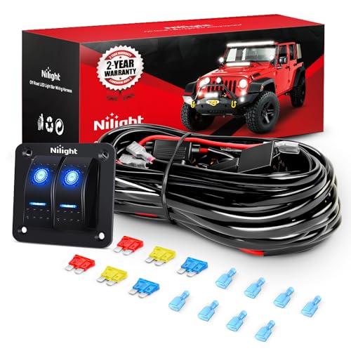 Nilight 16AWG LED Light Bar Wiring Harness Kit 12V On/Off 2 Gang Rocker Switch Panel Power Relay Blade Fuse 5Pin Toggle Sw...