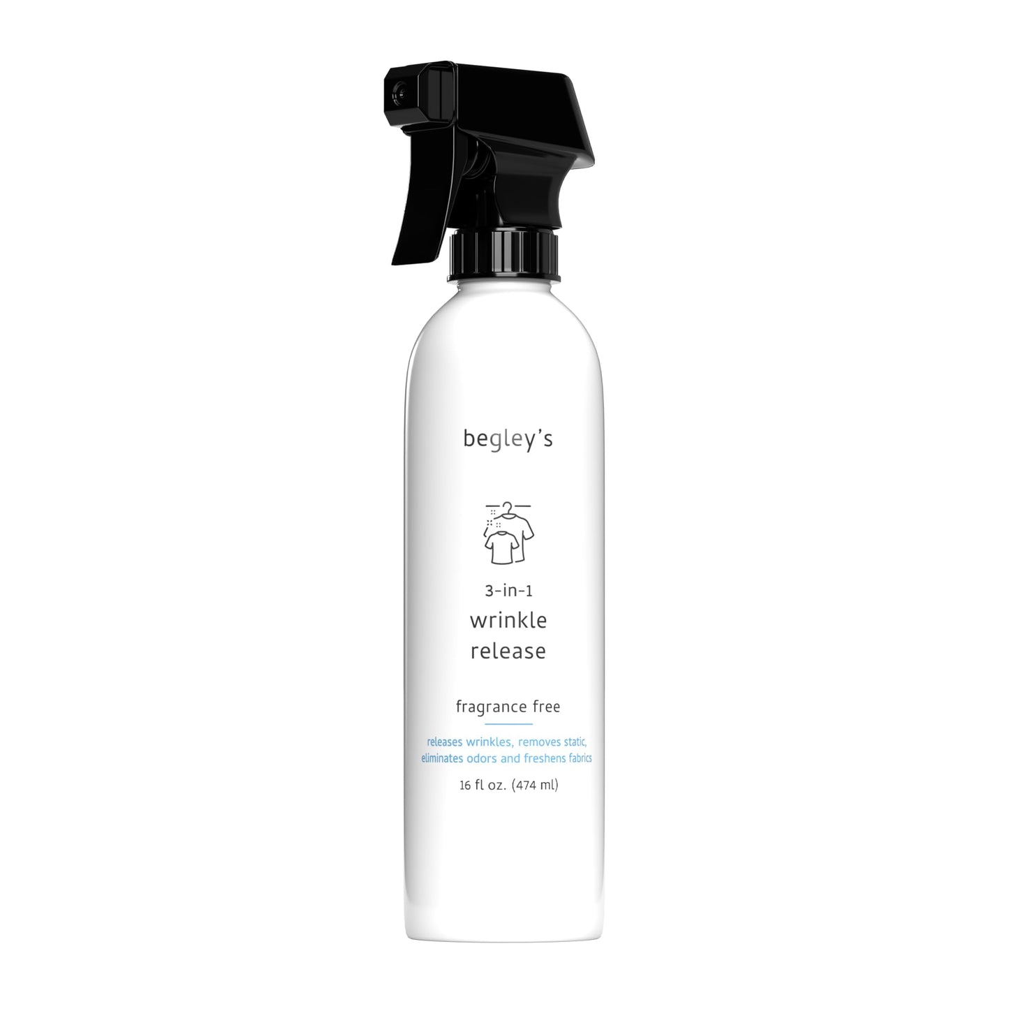 Begley's 3-in-1 Wrinkle Remover, Quick Fix Wrinkle Release, Static Cling Remover, Odor Eliminator and Fabric Refresher Spray - USDA Certified Biobased - Fragrance-Free, 16 oz