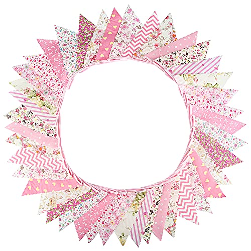 jijAcraft 39Ft Triangle Bunting Banner, 42Pcs Tea Floral Party Bunting Cotton Fabric Flags Pennant Garlands for Birthday P...