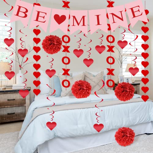 21Pcs Valentines Day Decorations Valentines Day Decor Pre-Assembled Hanging Heart Swirls BE Mine Love Heart XO Garlands Ba...