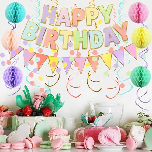 Fecedy Macaron Superlarge Alphabet Happy Birthday Banner Colorful Flag Bunting Circle Confetti Garland Swirl Streamers Hon...