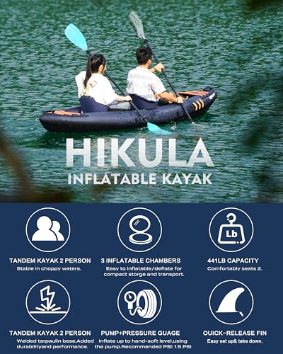 Inflatable Kayak 2 Person, Tandem Kayak, Foldable Kayaks for Adults, with Kayak Fin, 2 Aluminum Paddles, 2 Padded Seats, H...