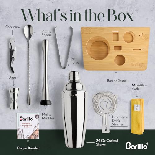 Barillio Bartender Kit - Stainless-Steel Cocktail Shaker Set with Bamboo Stand - Mixology Bar Tools w/Shaker, Drink Mixer ...