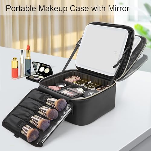 Relavel Travel Makeup Bag With LED Mirror, Cosmetic Train Case with Light up Mirror, Portable Makeup Artist Organizer Bag ...