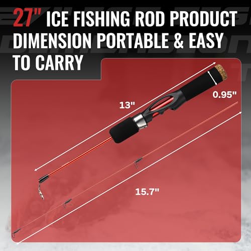 WIDDEN Ice Fishing Rod and Reel Combo, 27" Medium Light Spinning Ice Fishing Pole, Gear with Tackle Box Kit, Line, Lures f...