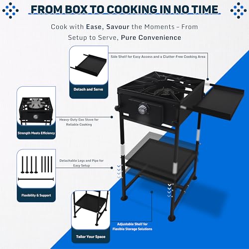 Single Propane Burner Stove - 1,30,000 High btu Propane Burner Camping Stove with Side Shelf & Bottom Shelf - Steel Single...