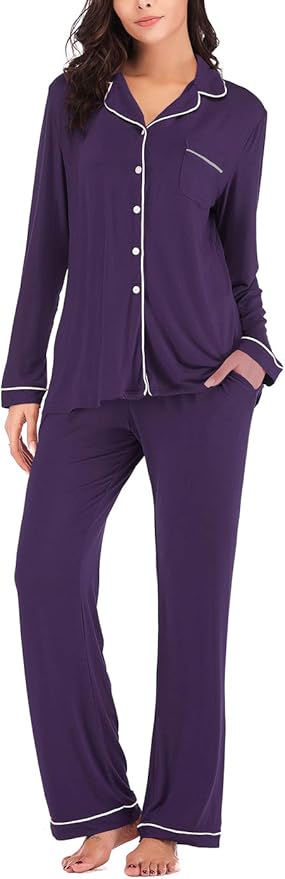 Aamikast Women's Pajama Sets Long Sleeve Button Down Sleepwear Nightwear Soft Pjs Lounge Sets