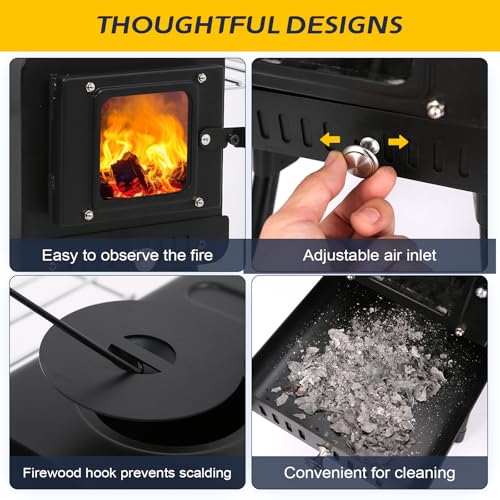 KUNGKA Black Wood Burning Tent Stove, 7 Section Stainless Steel Chimney, Portable Hot Tent Stove for Camping, Hunting, Ice...
