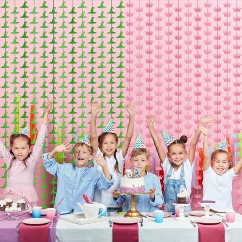 2 Pack Witch Party Decorations Banner Foil Fringe Curtains Princess Crown Photo Booth Prop Supplies Pink and Green Backdro...